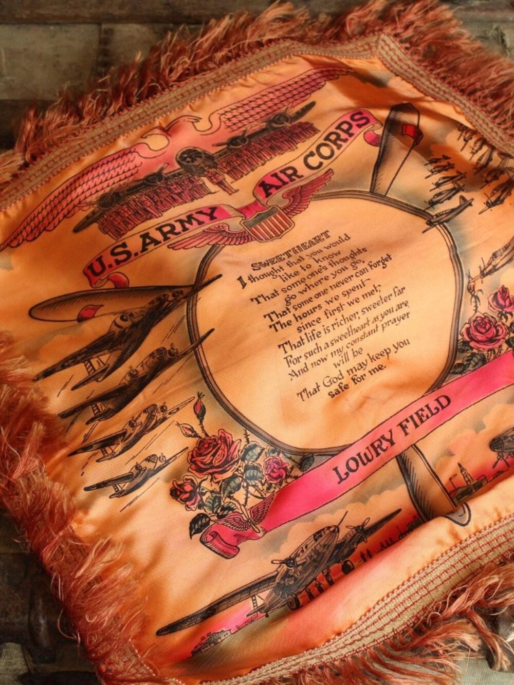 Vintage 1940s Pillowcase, US Army Air Corps Sweetheart Souvenir Orange Satin wit